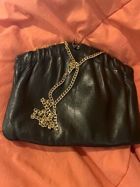Chocolate Brown Leather Evening Clutch with Gold Chain Strap